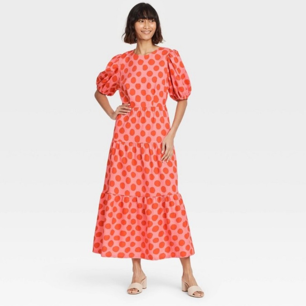 Who What Wear Orng/Pink Polka Dot Linen Maxi Dress
